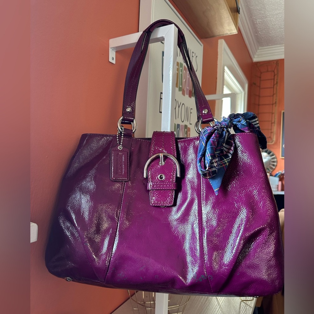 Coach Purple Leather Shoulder Bag with Plaid Accent Scarf - Picture 8 of 13